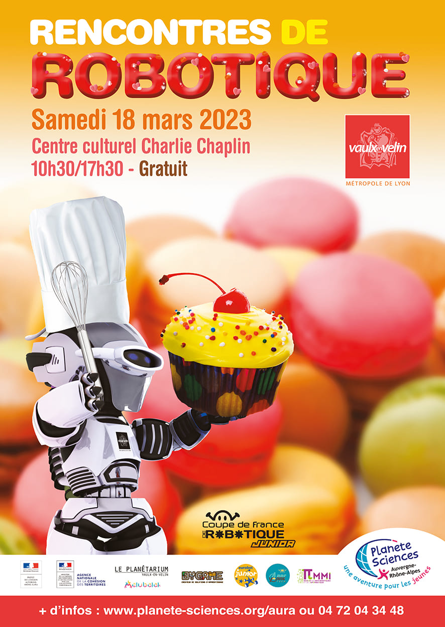 affiche des rencontre de robotique 2023 avec un robot portant un gâteau dans les mains