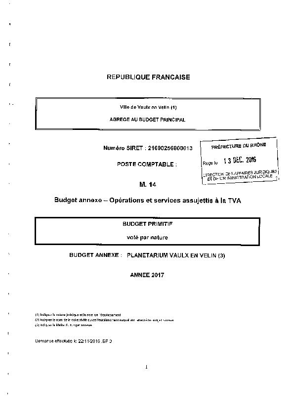 16.12.0651 - Annexe budget du Planétarium - Budget primitif 2017